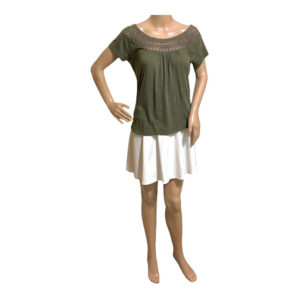 prAna Women's Lace Crochet Neck Top T-Shirt Size S Olive Green Cap Sleeve Casual